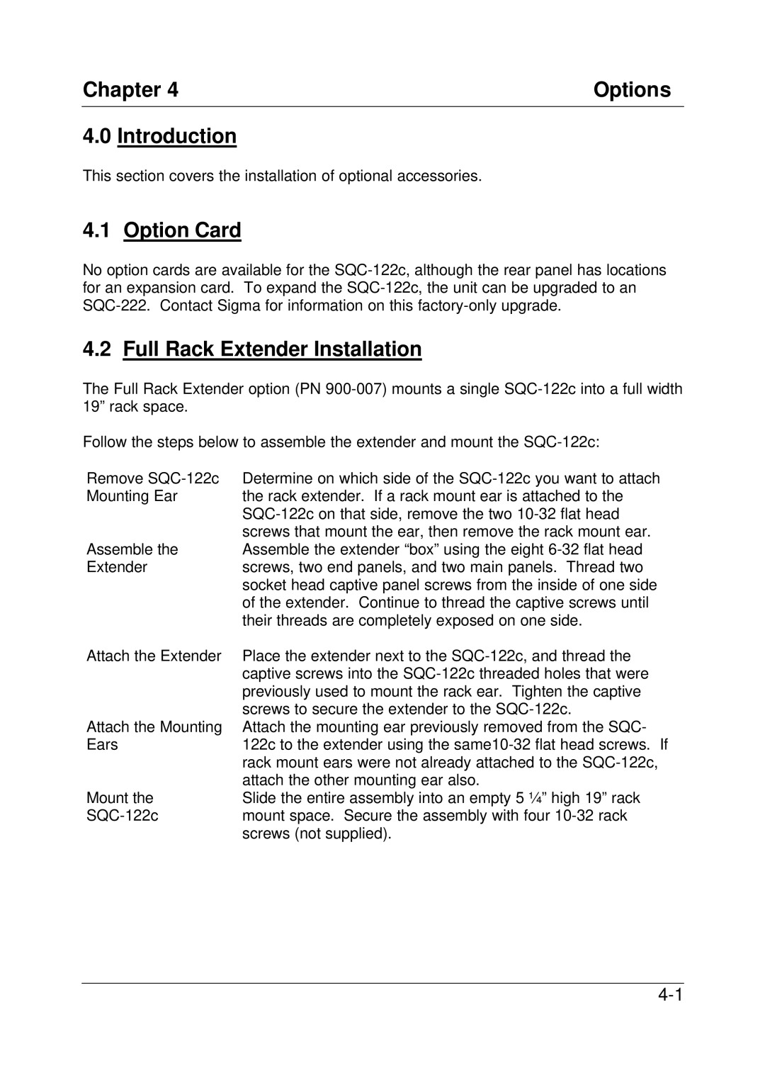 Sigma SQC-122c manual Chapter Options Introduction, Option Card, Full Rack Extender Installation 