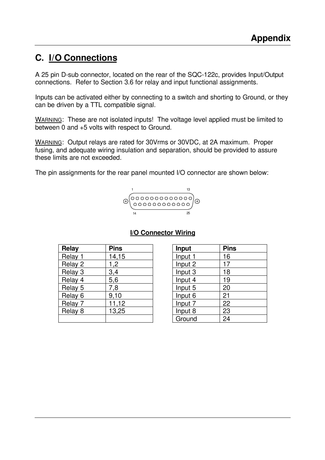 Sigma SQC-122c manual Appendix O Connections, Connector Wiring Relay Pins, Input Pins 