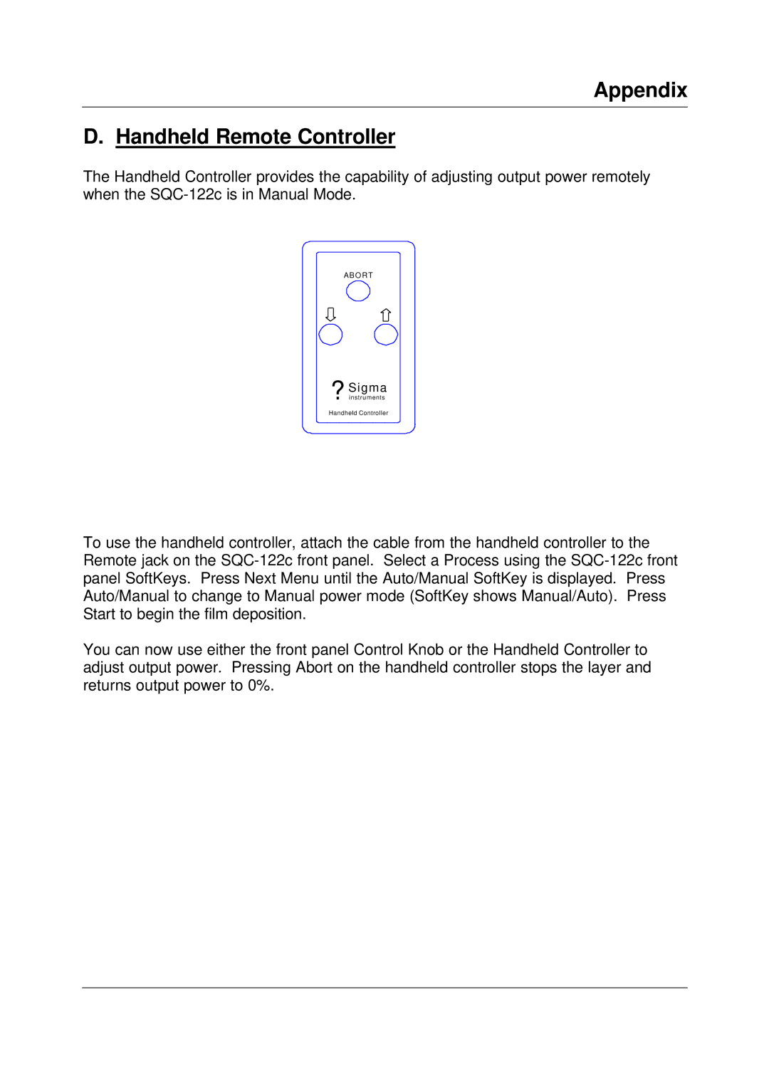 Sigma SQC-122c manual Appendix Handheld Remote Controller 