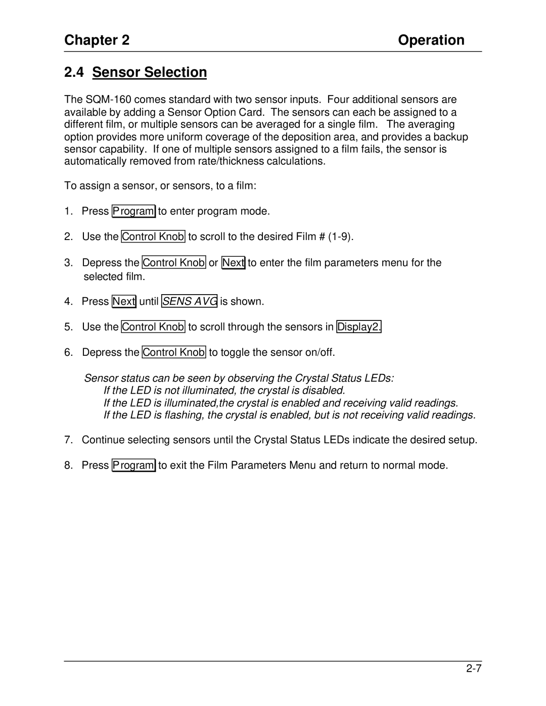 Sigma SQM-160 manual Chapter Operation Sensor Selection 