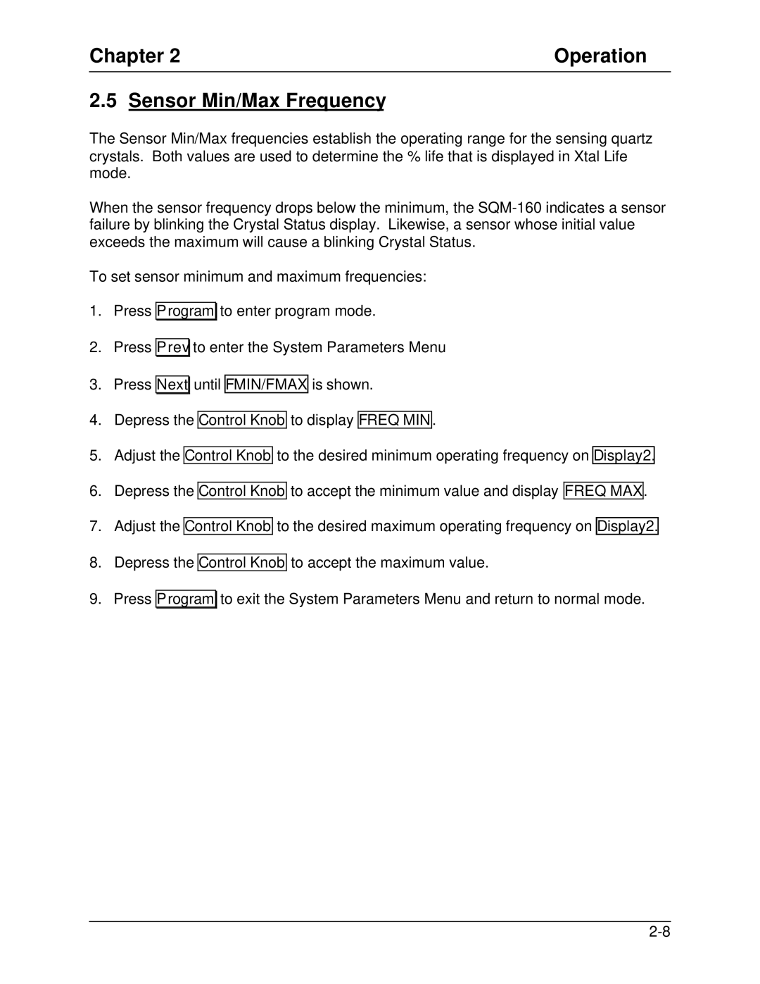 Sigma SQM-160 manual Chapter Operation Sensor Min/Max Frequency 