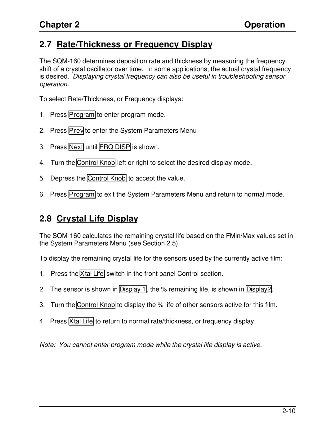 Sigma SQM-160 manual Chapter Operation Rate/Thickness or Frequency Display, Crystal Life Display 