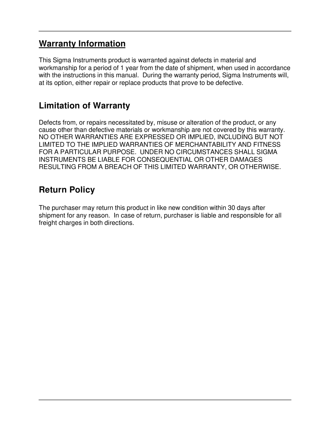 Sigma SQM-160 manual Warranty Information, Limitation of Warranty, Return Policy 