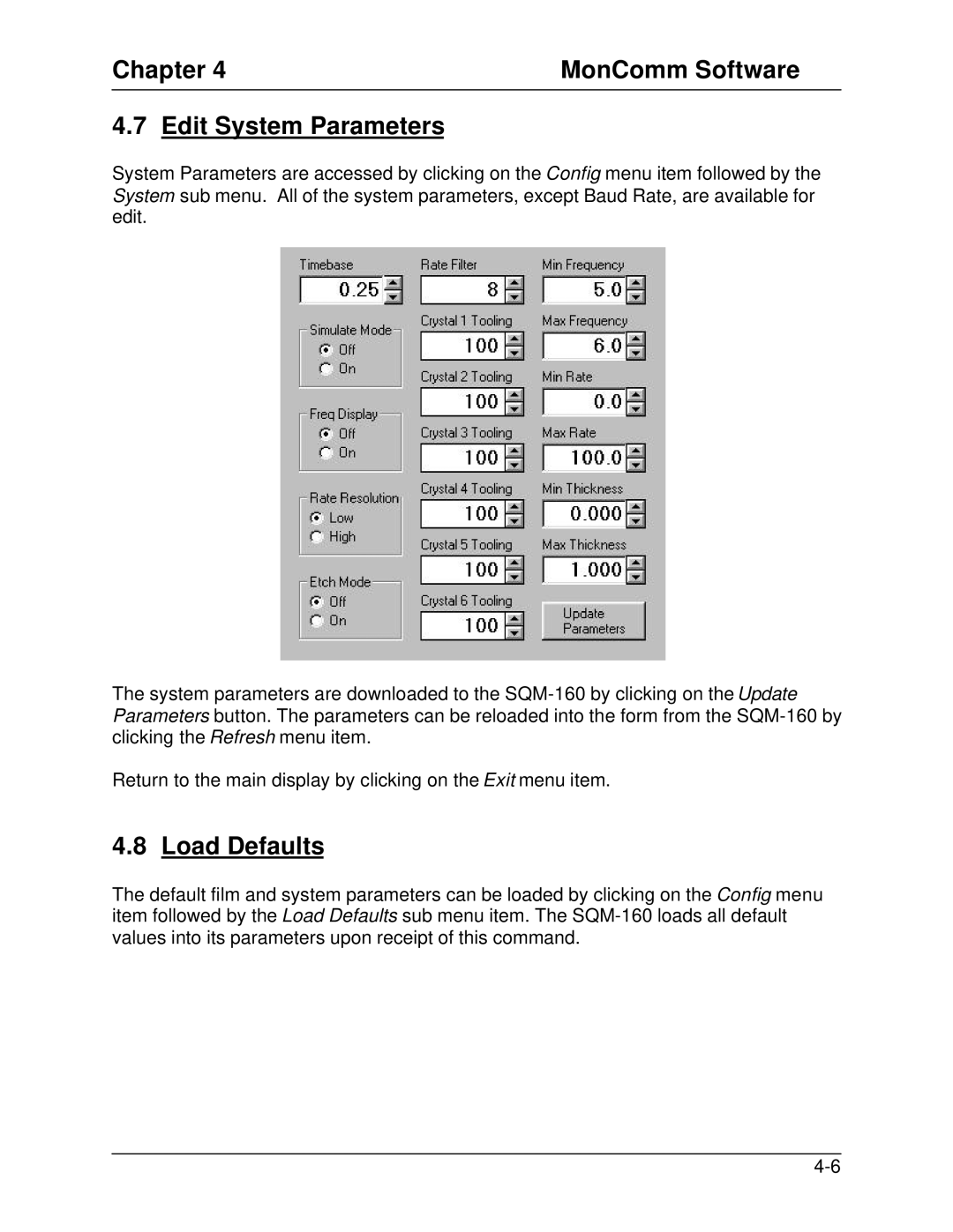 Sigma SQM-160 manual Chapter MonComm Software Edit System Parameters, Load Defaults 