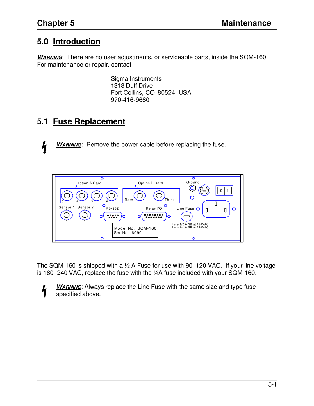 Sigma SQM-160 manual Chapter Maintenance Introduction, Fuse Replacement 