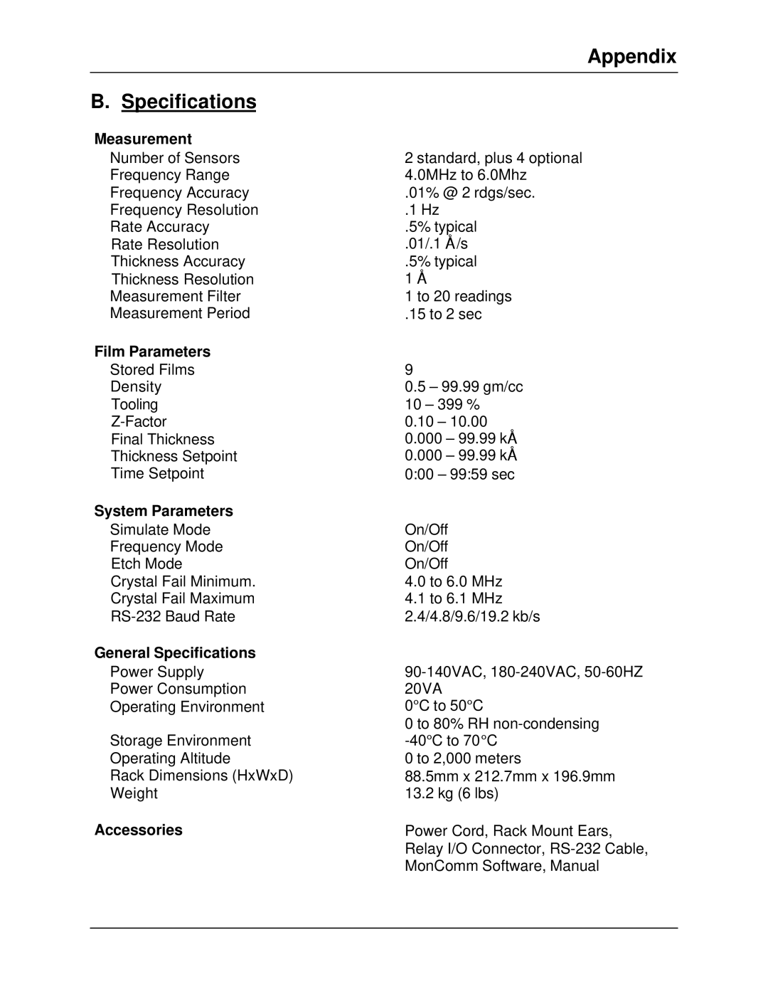 Sigma SQM-160 manual Appendix Specifications 