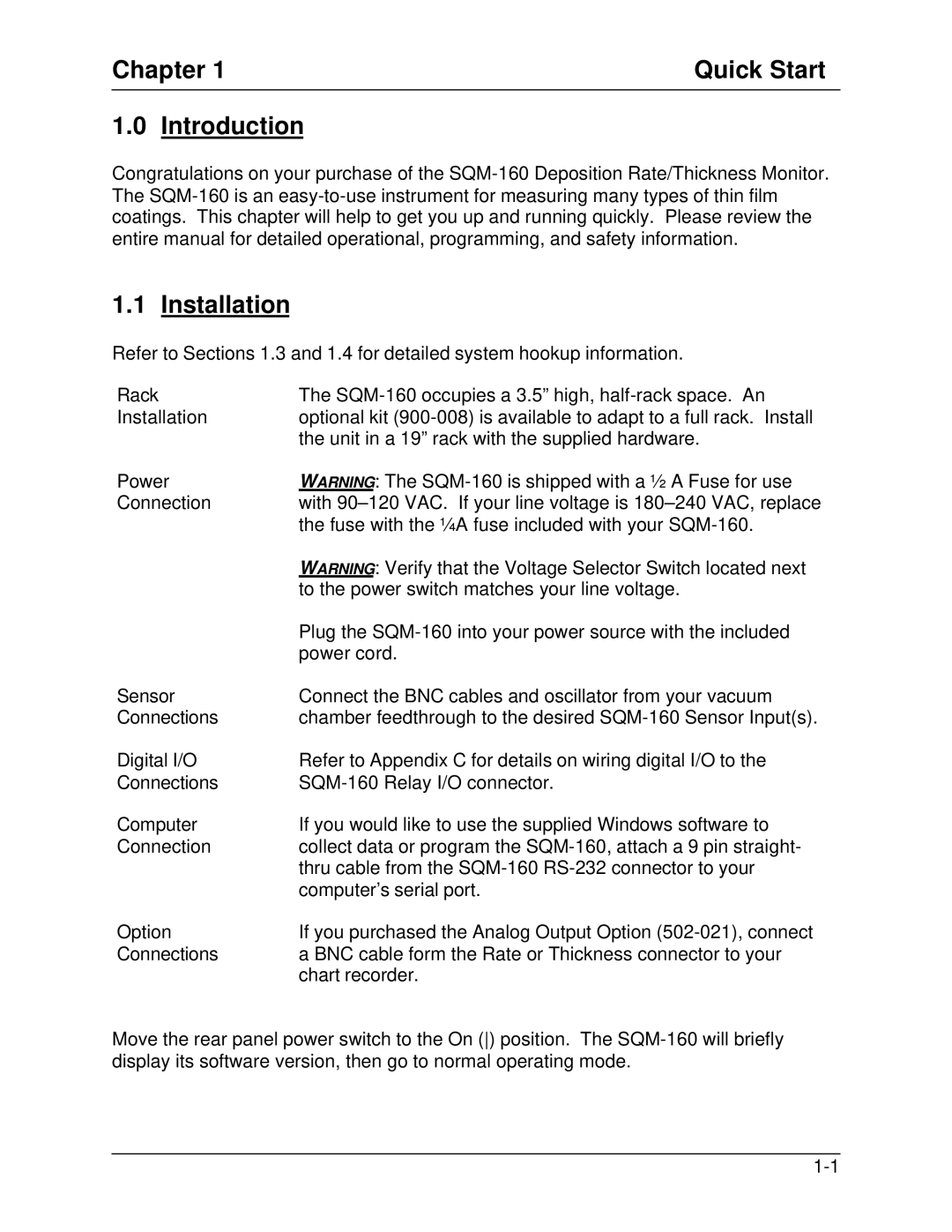 Sigma SQM-160 manual Chapter Quick Start Introduction, Installation 