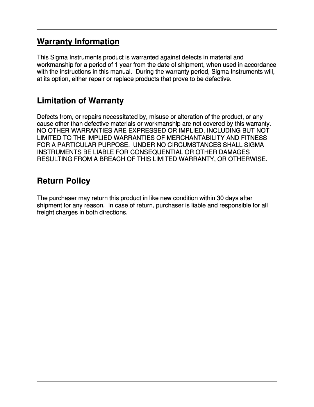 Sigma SQM-160 manual Warranty Information, Limitation of Warranty, Return Policy 