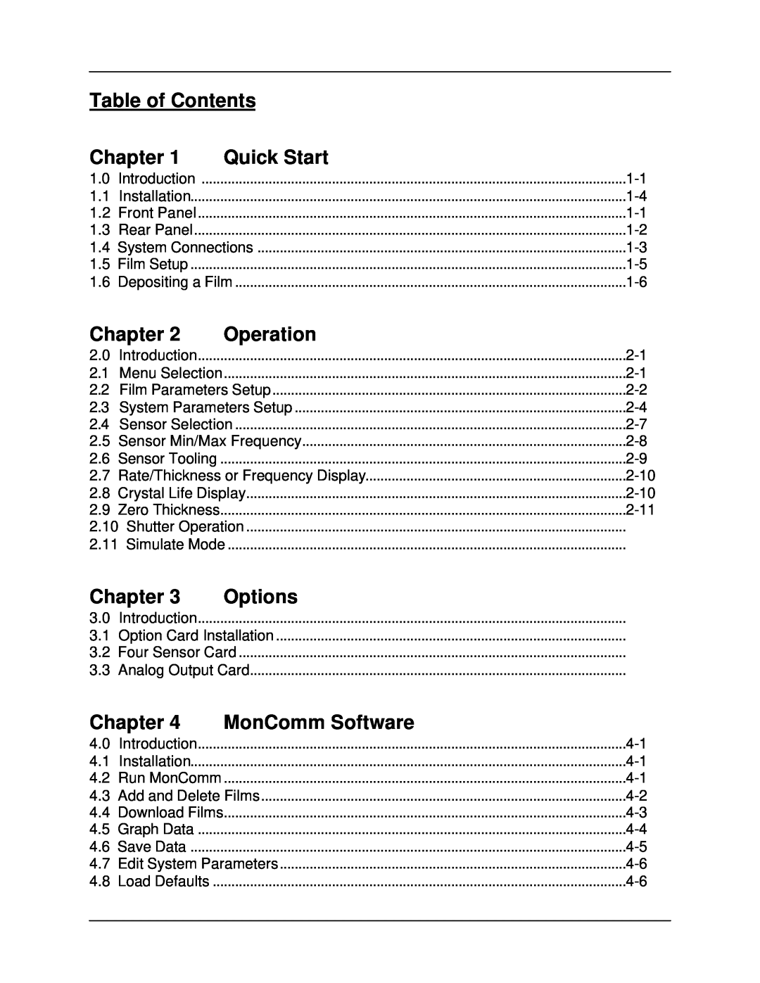 Sigma SQM-160 manual Table of Contents, Chapter, Quick Start, Operation, Options, MonComm Software 