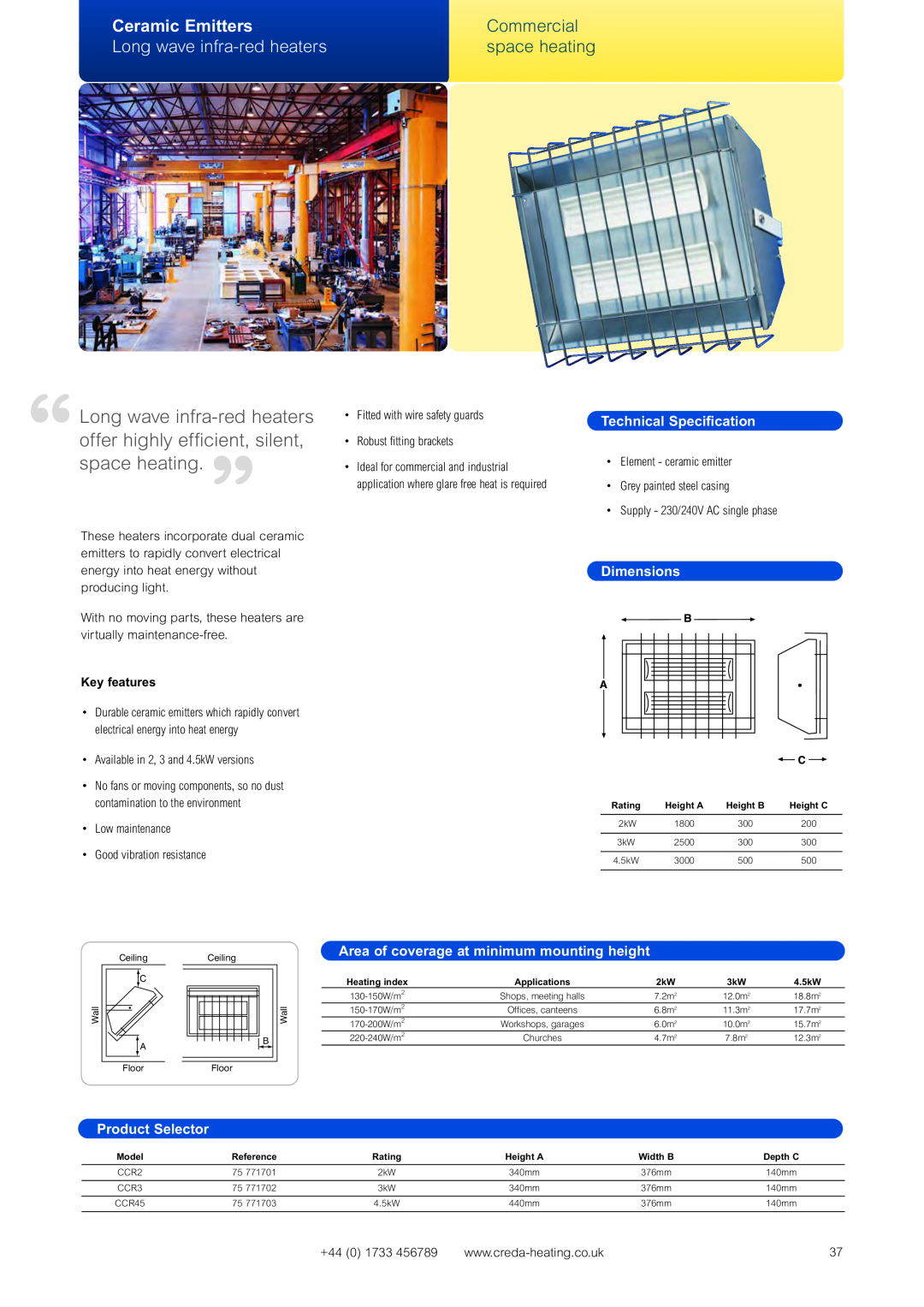Signat CSP2 Ceramic Emitters, Long wave infra-red heaters, Technical Specification, Dimensions, Commercial space heating 