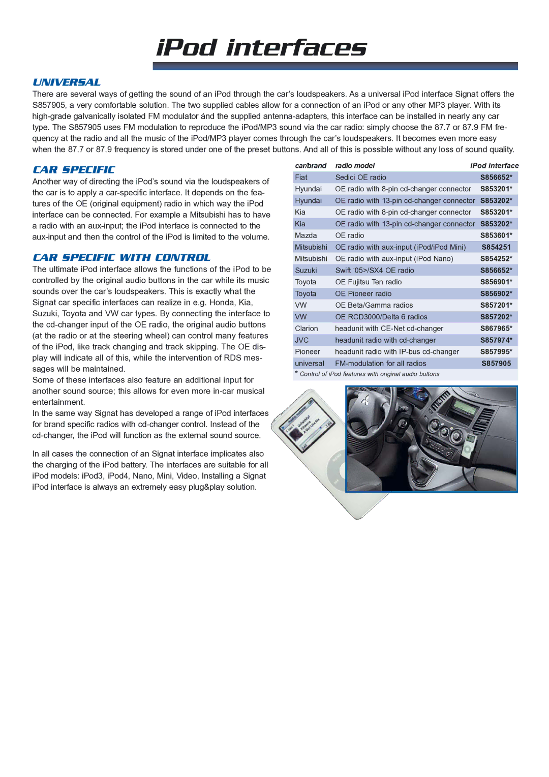 Signat S857905 manual IPod interfaces, Universal, CAR Specific with Control, Car/brand Radio model 