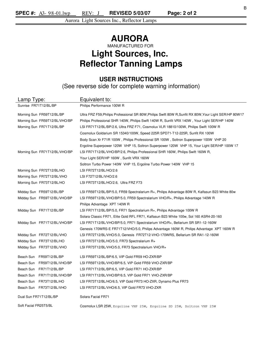 Signature F73, FR78, FR74, FR71, FR73, FR1900, COSMOLUX VHR 220 manual Light Sources, Inc Reflector Tanning Lamps 