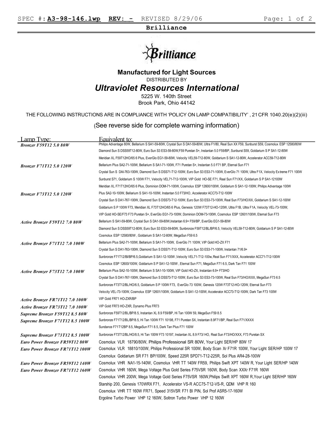 Signature FR73, FR78, FR74, FR71, F73, FR1900, COSMOLUX VHR 220 manual Ultraviolet Resources International 