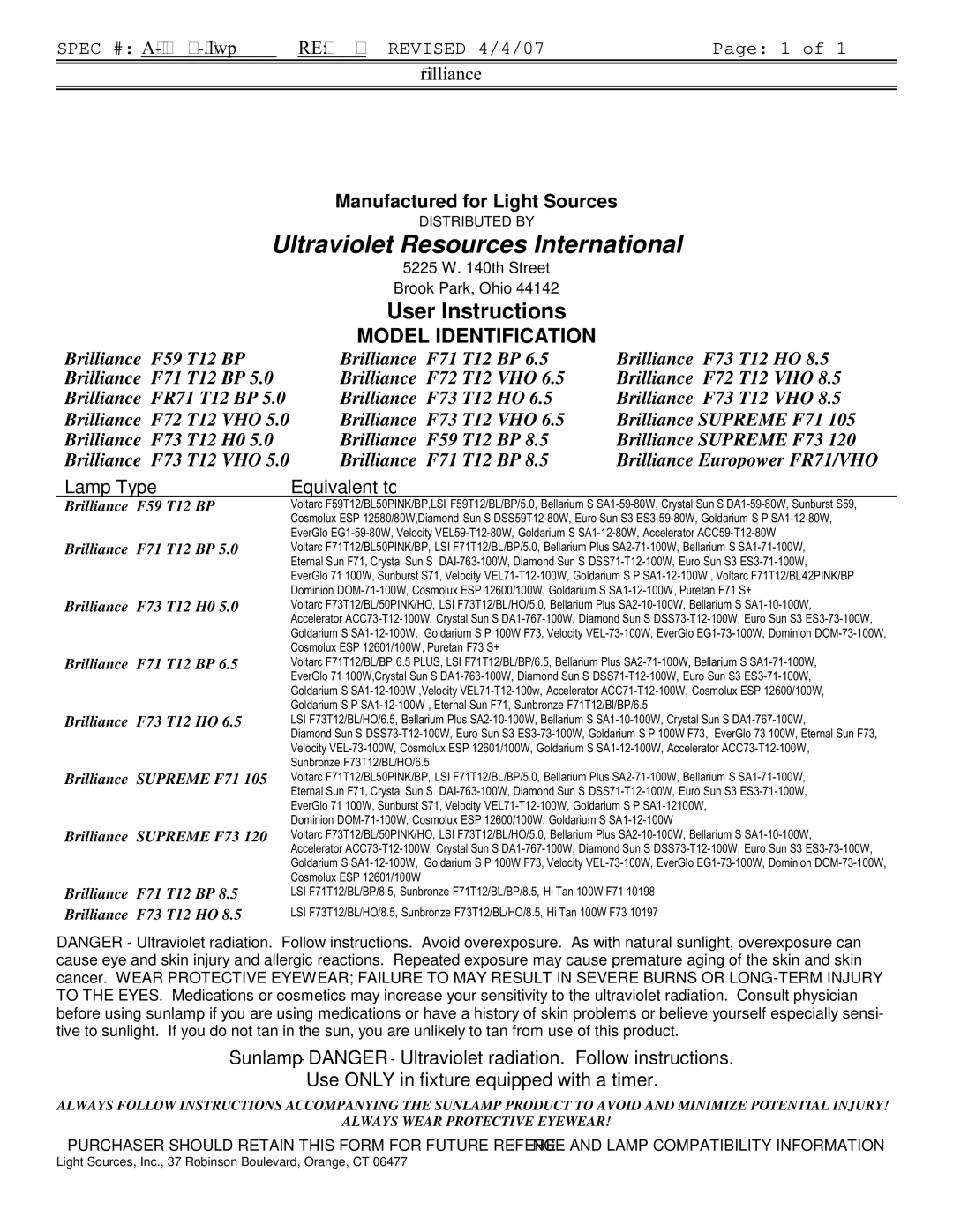 Signature COSMOLUX VHR 220, FR78, FR74, FR71, F73, FR73, FR1900 manual Ultraviolet Resources International 