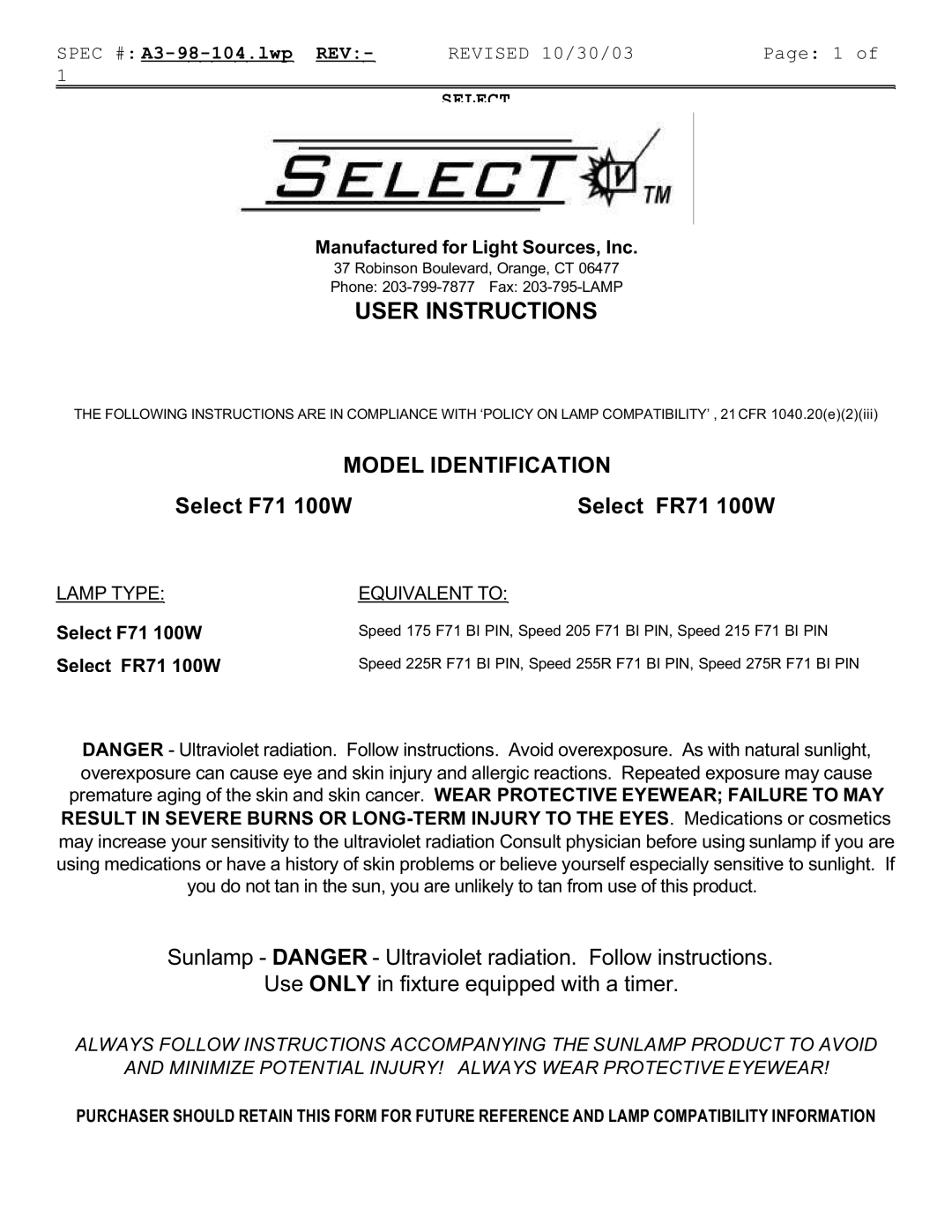 Signature F73, FR78, FR74, FR71, FR73, FR1900, COSMOLUX VHR 220 manual User Instructions 