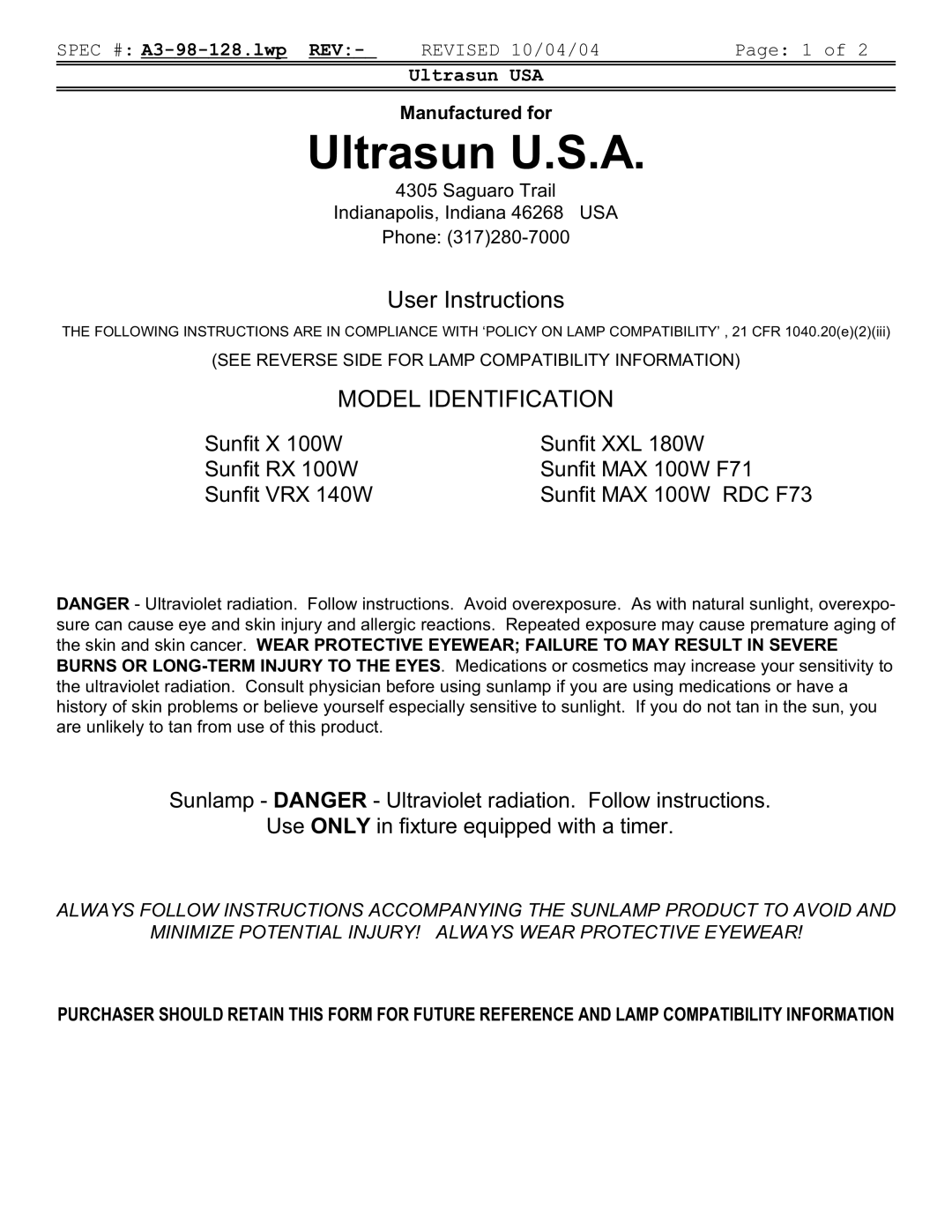 Signature FR73, FR78, FR74, FR71, F73, FR1900, COSMOLUX VHR 220 manual Ultrasun U.S.A 