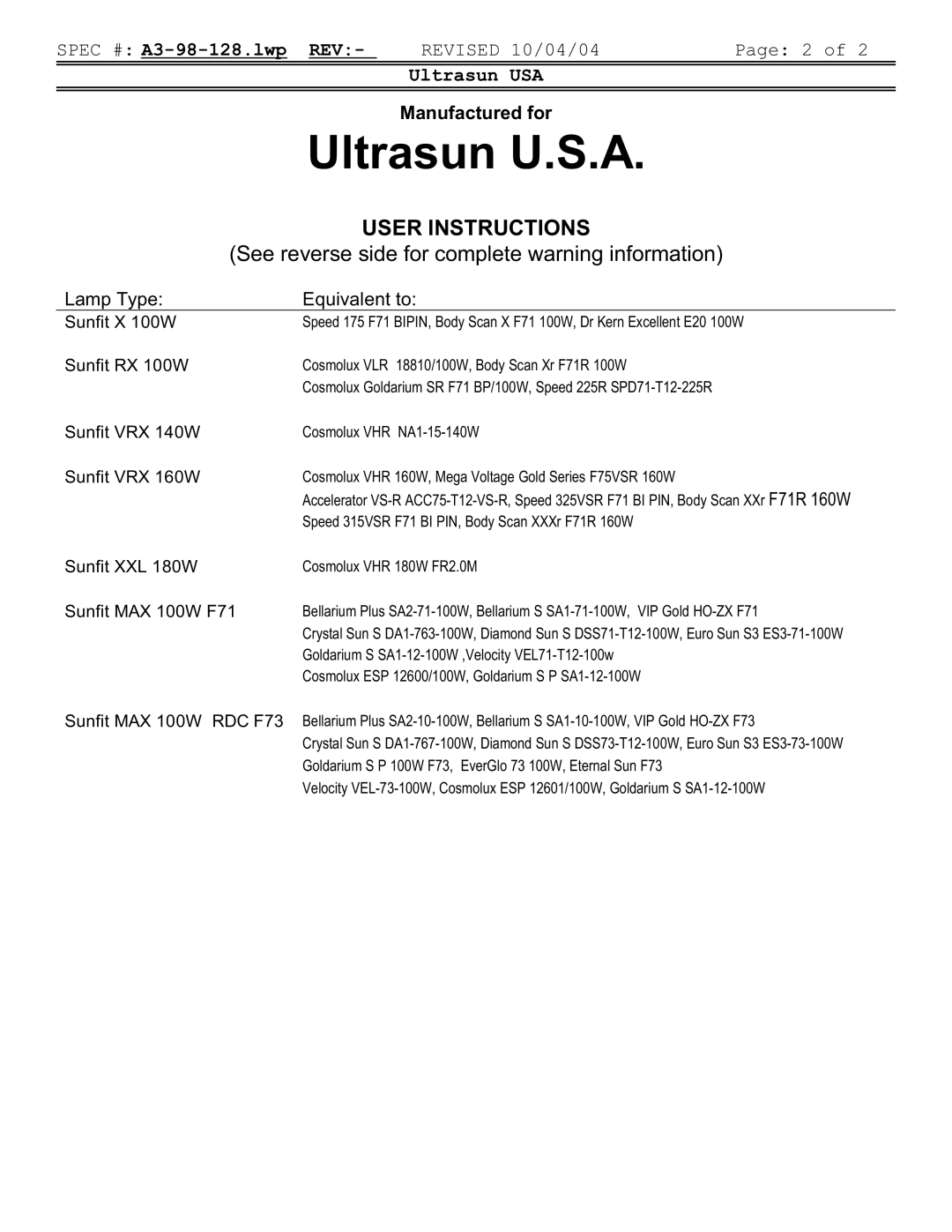 Signature FR1900, FR78, FR74, FR71, F73, FR73, COSMOLUX VHR 220 manual User Instructions 