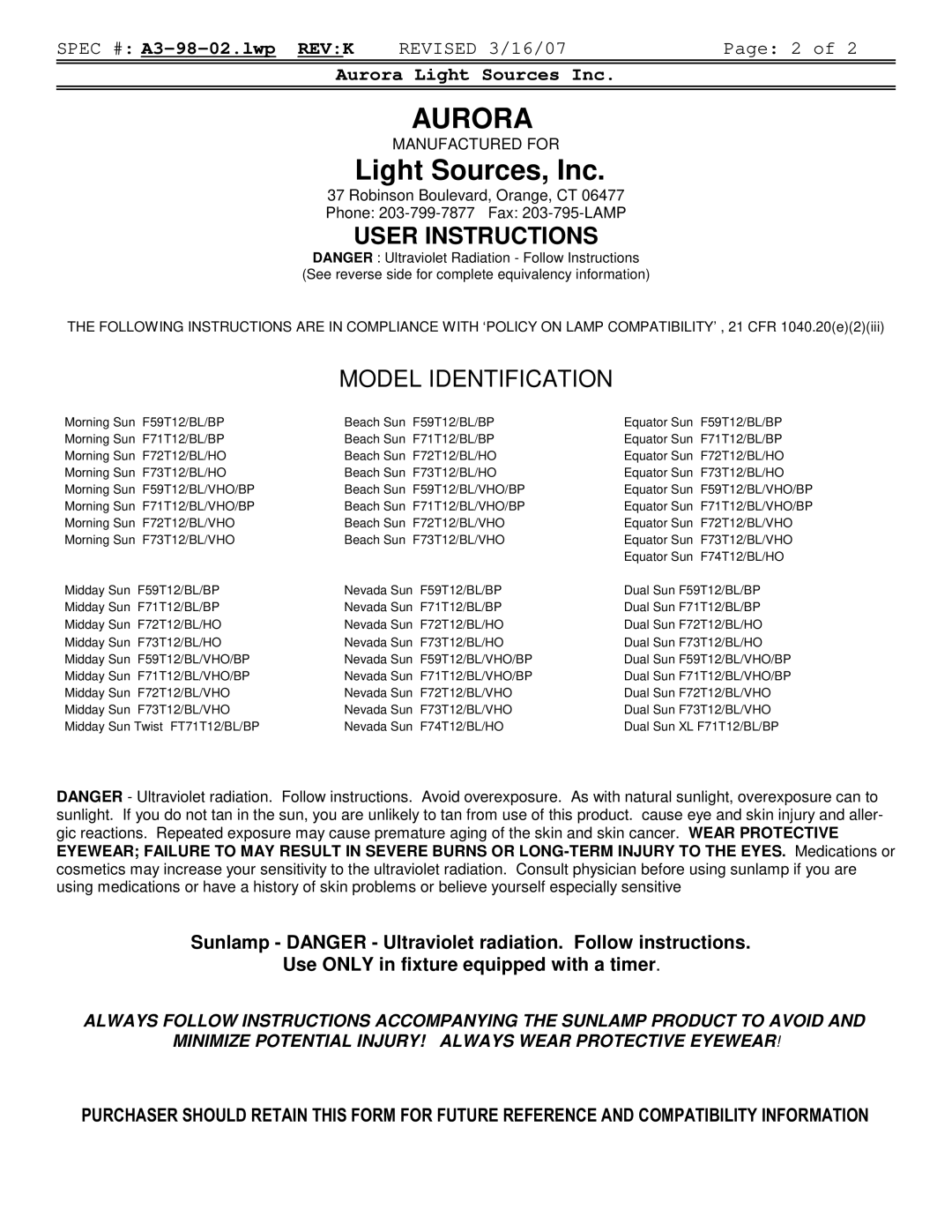 Signature FR74, FR78, FR71, F73, FR73, FR1900, COSMOLUX VHR 220 manual Aurora 