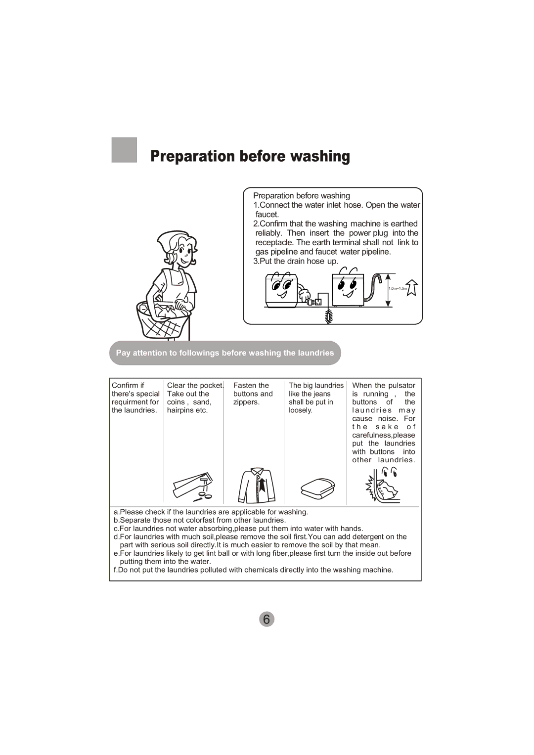 Signature Housewares SIG100-97 manual Preparation before washing, Pay attention to followings before washing the laundries 