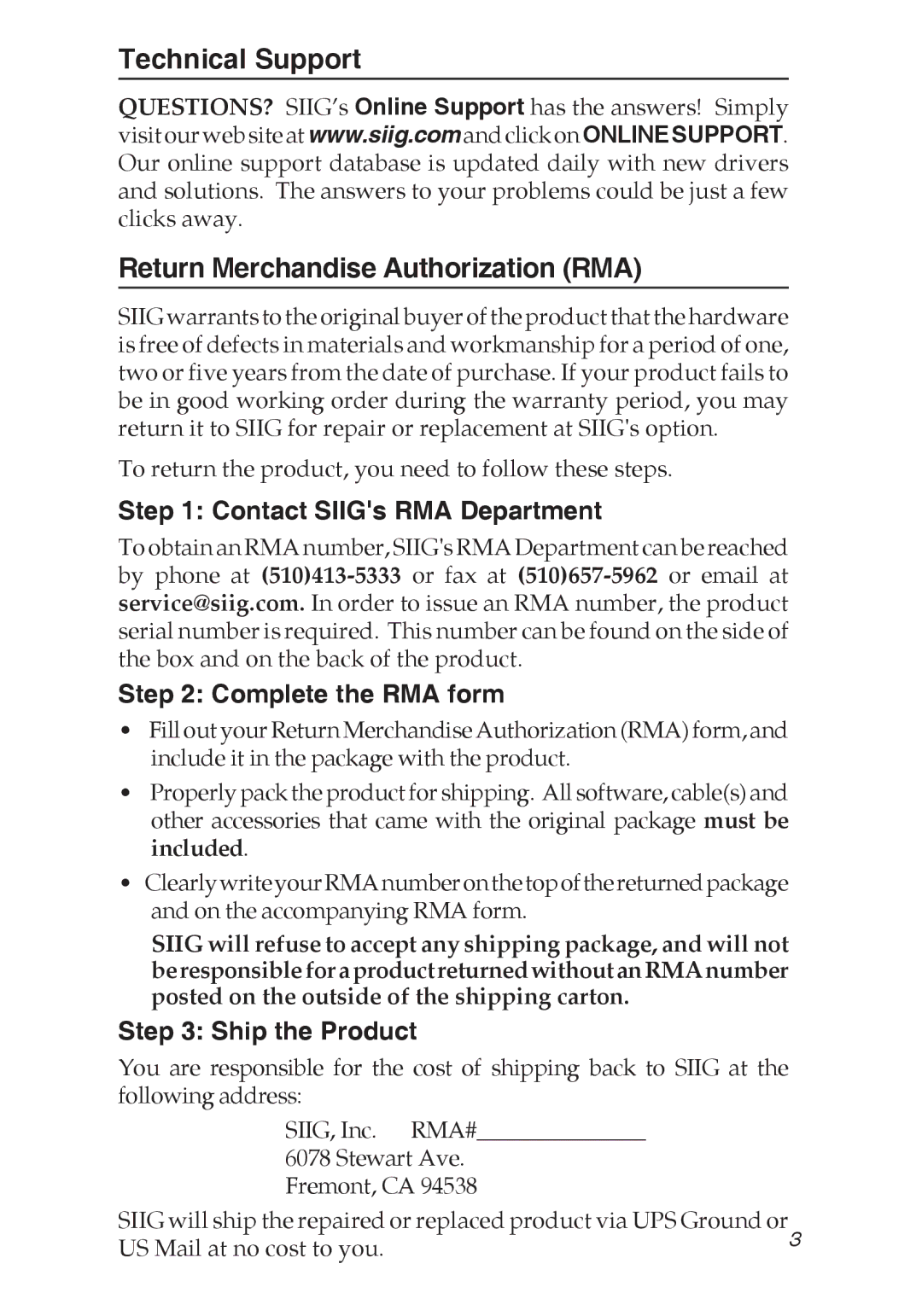 SIIG 04-0192A Technical Support Return Merchandise Authorization RMA, Contact SIIGs RMA Department, Complete the RMA form 