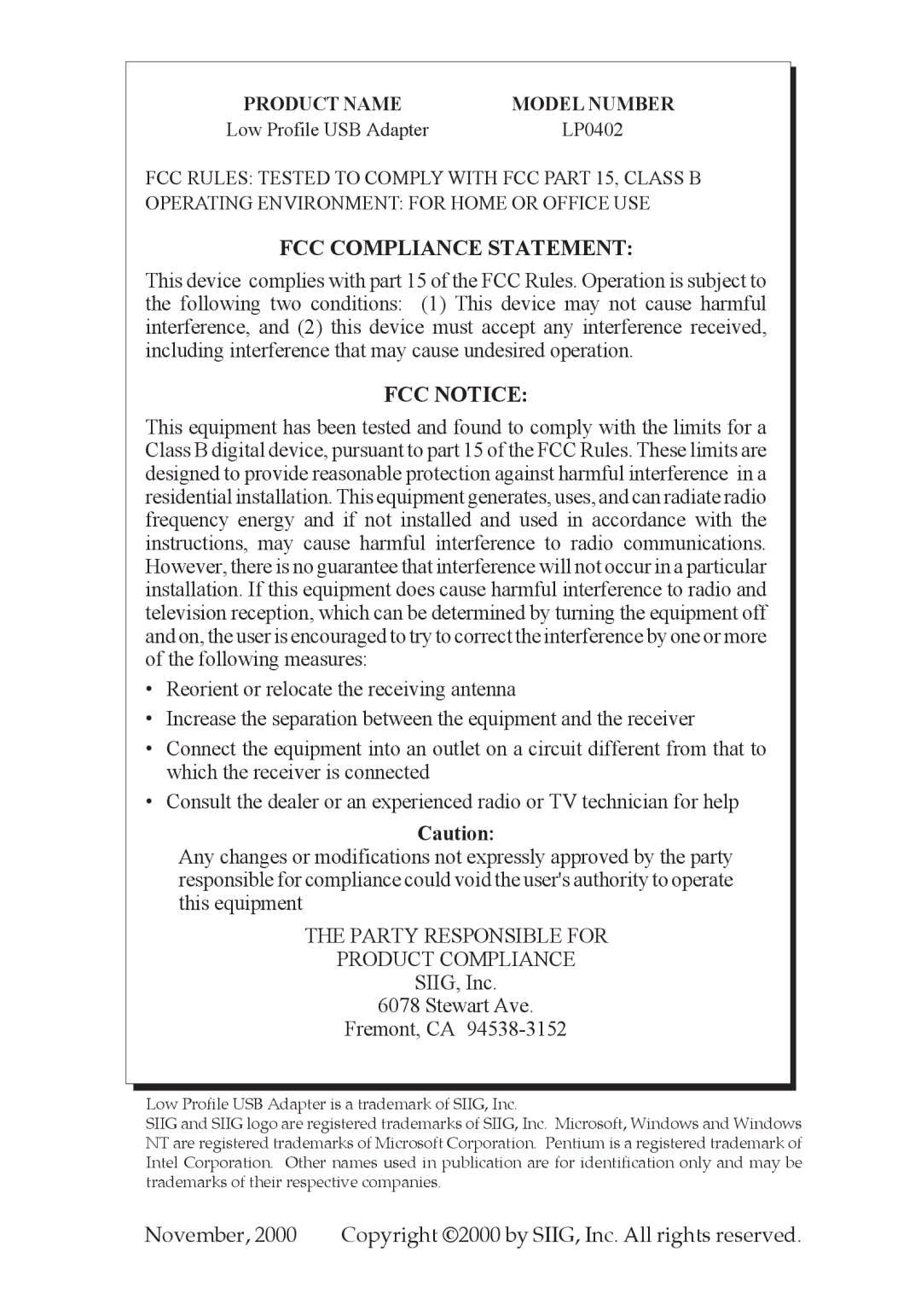 SIIG 04-0192A dimensions FCC Compliance Statement 