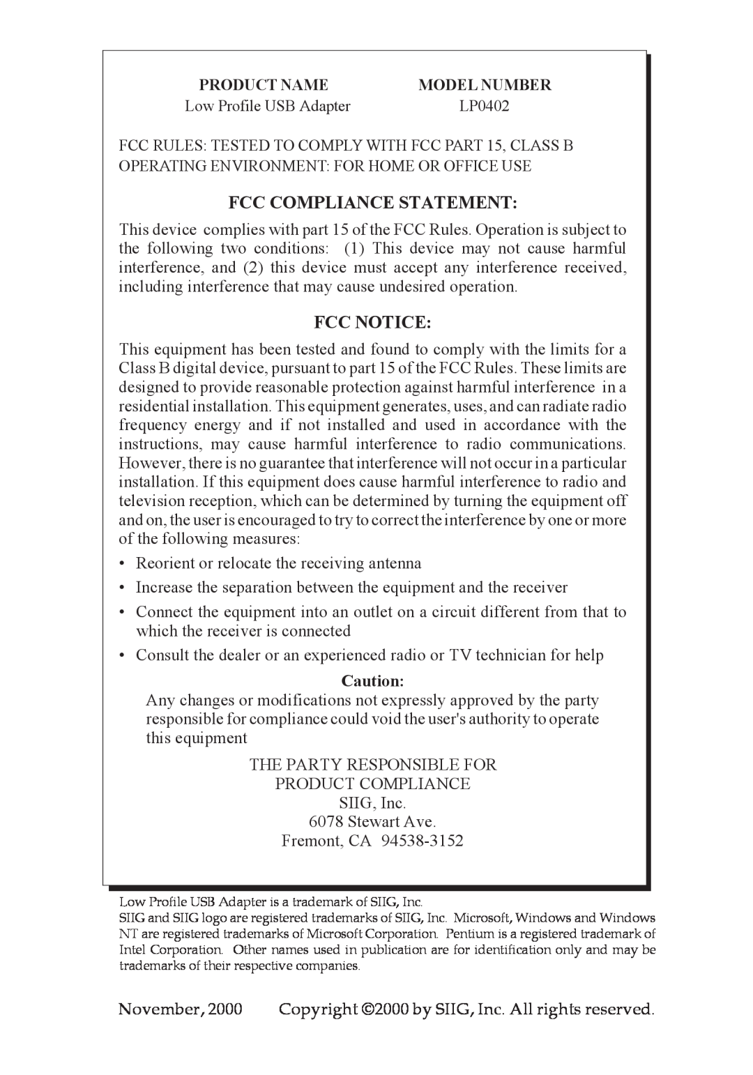 SIIG 04-0192A dimensions Fcc Compliance Statement, Fcc Notice 