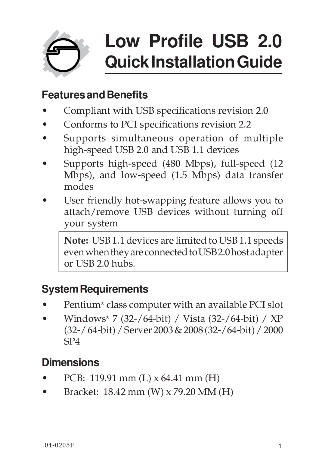 SIIG 04-0205F dimensions Features and Benefits, SystemRequirements, Dimensions 