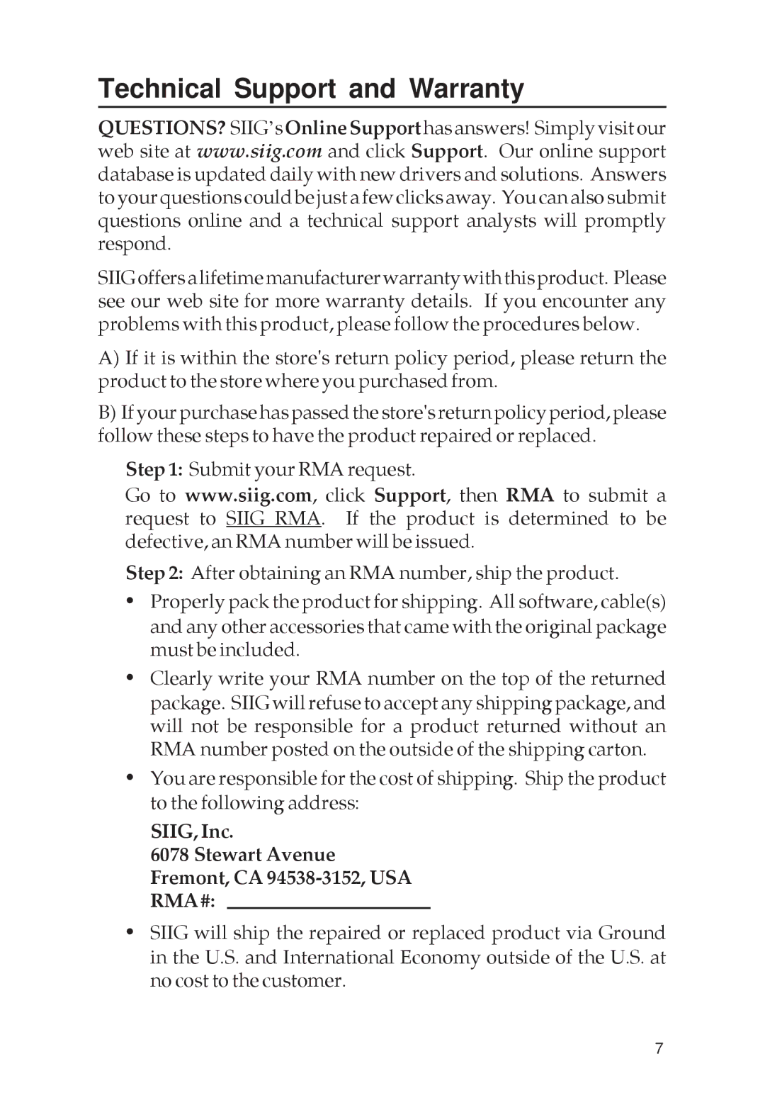 SIIG 04-0205F dimensions Technical Support and Warranty, SIIG, Inc Stewart Avenue Fremont, CA 94538-3152, USA RMA # 