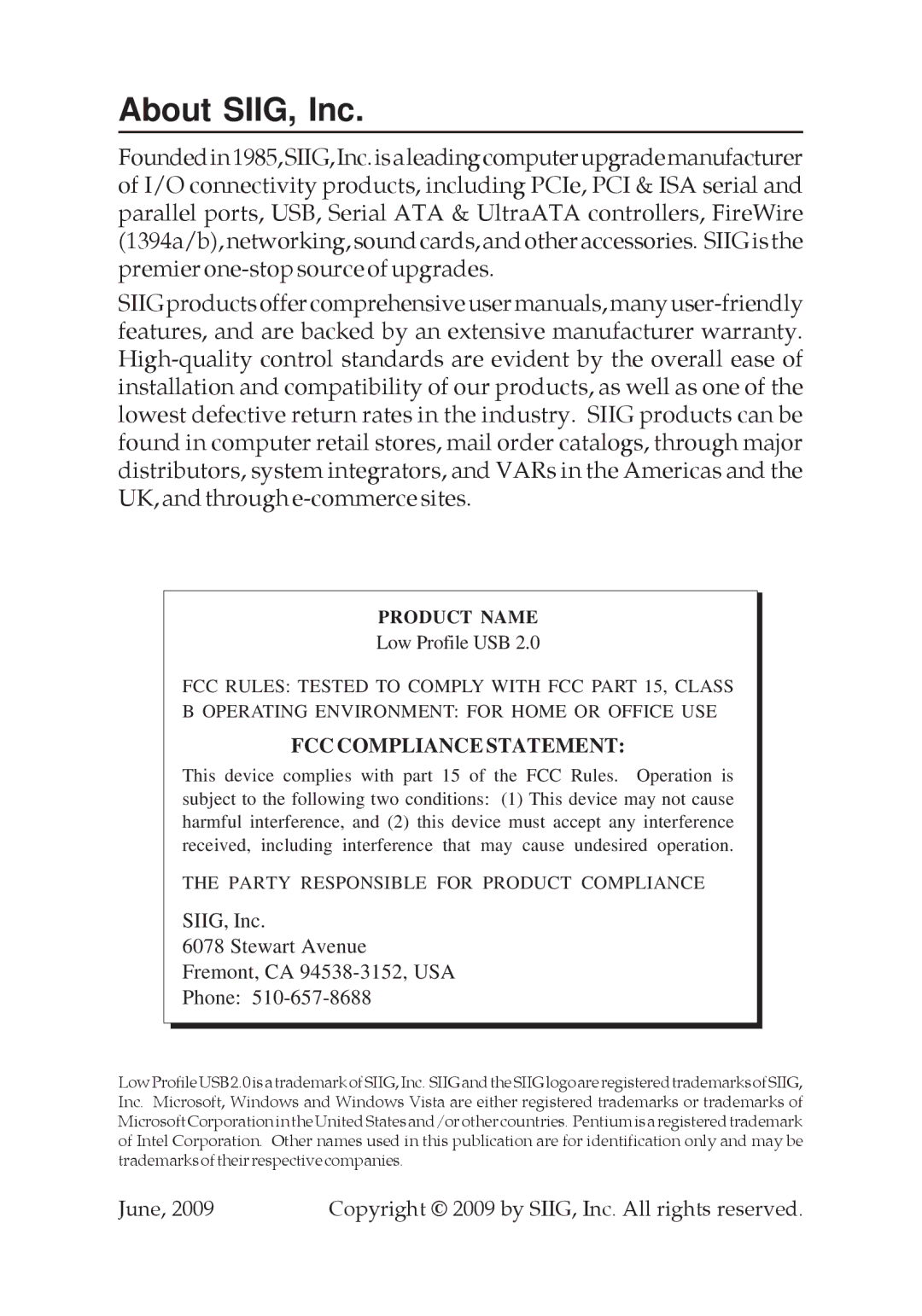 SIIG 04-0205F dimensions About SIIG, Inc, Product Name 