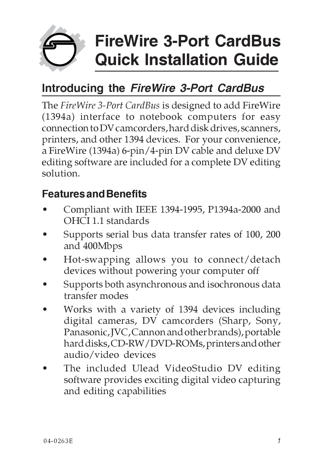 SIIG 04-0263E manual FireWire 3-Port CardBus Quick Installation Guide, Features and Benefits 