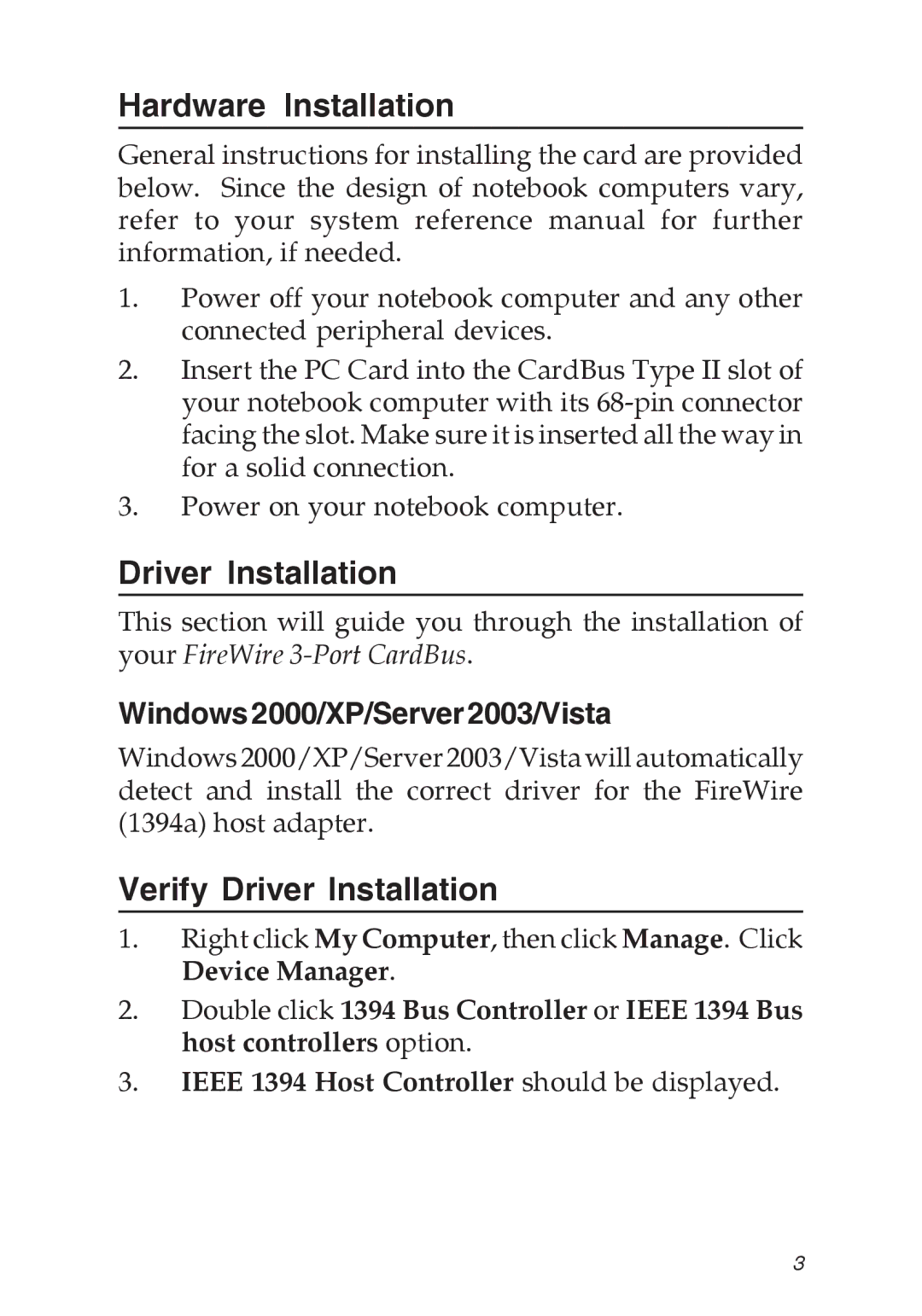 SIIG 04-0263E manual Hardware Installation, Verify Driver Installation, Windows2000/XP/Server2003/Vista 