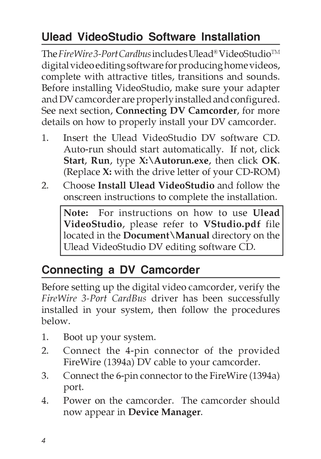 SIIG 04-0263E manual Ulead VideoStudio Software Installation, Connecting a DV Camcorder 