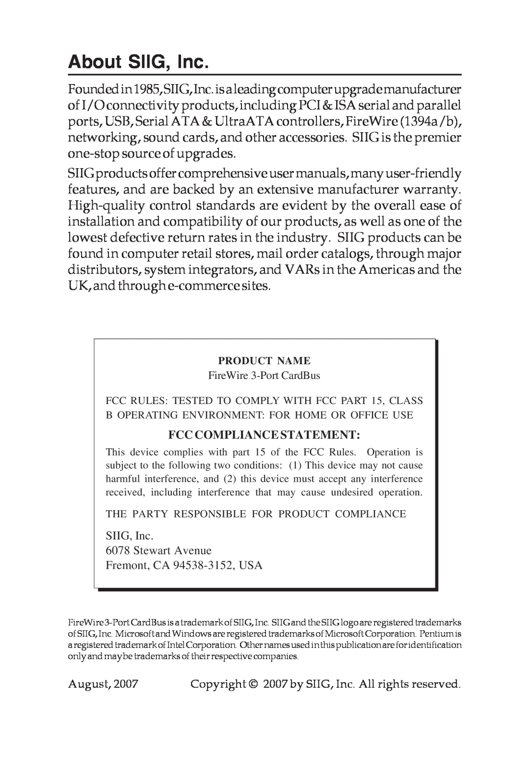 SIIG 04-0263E manual About SIIG, Inc, Fcc Compliance Statement 