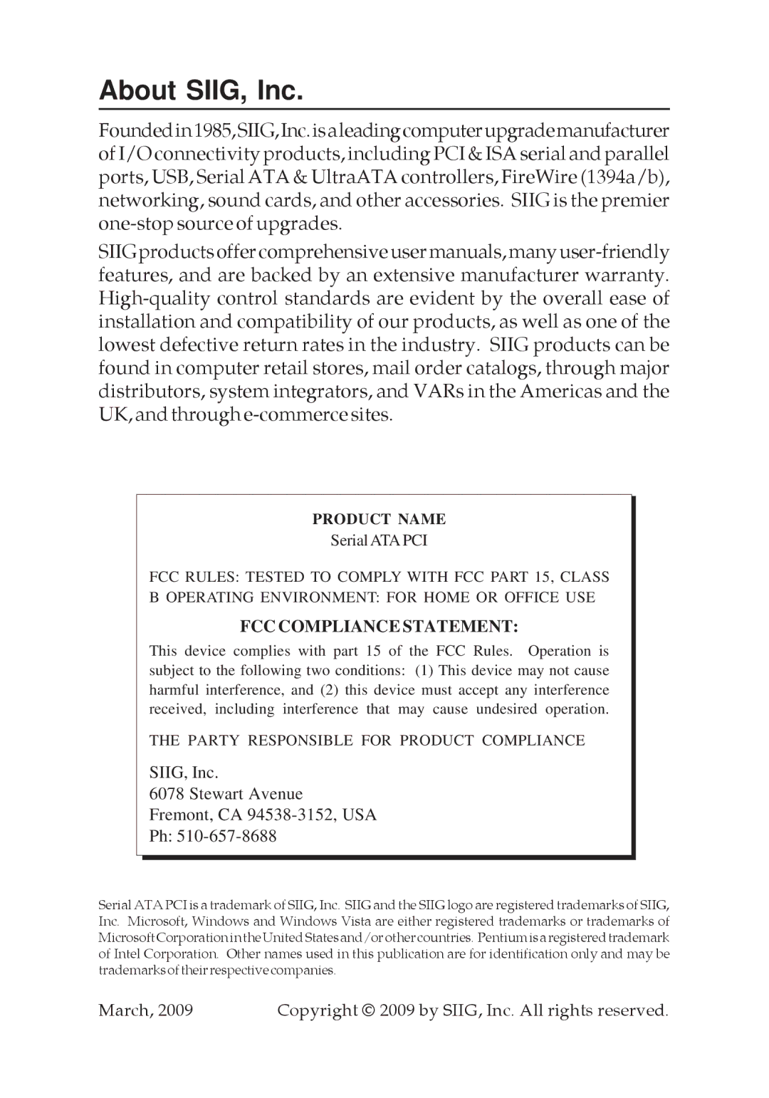 SIIG 04-0265F specifications About SIIG, Inc, Product Name 