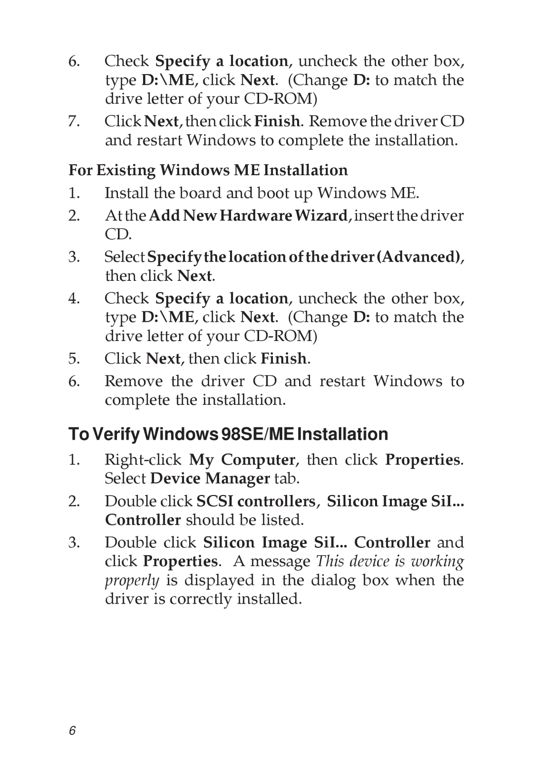 SIIG 04-0265F specifications To Verify Windows 98SE/ME Installation, For Existing Windows ME Installation 