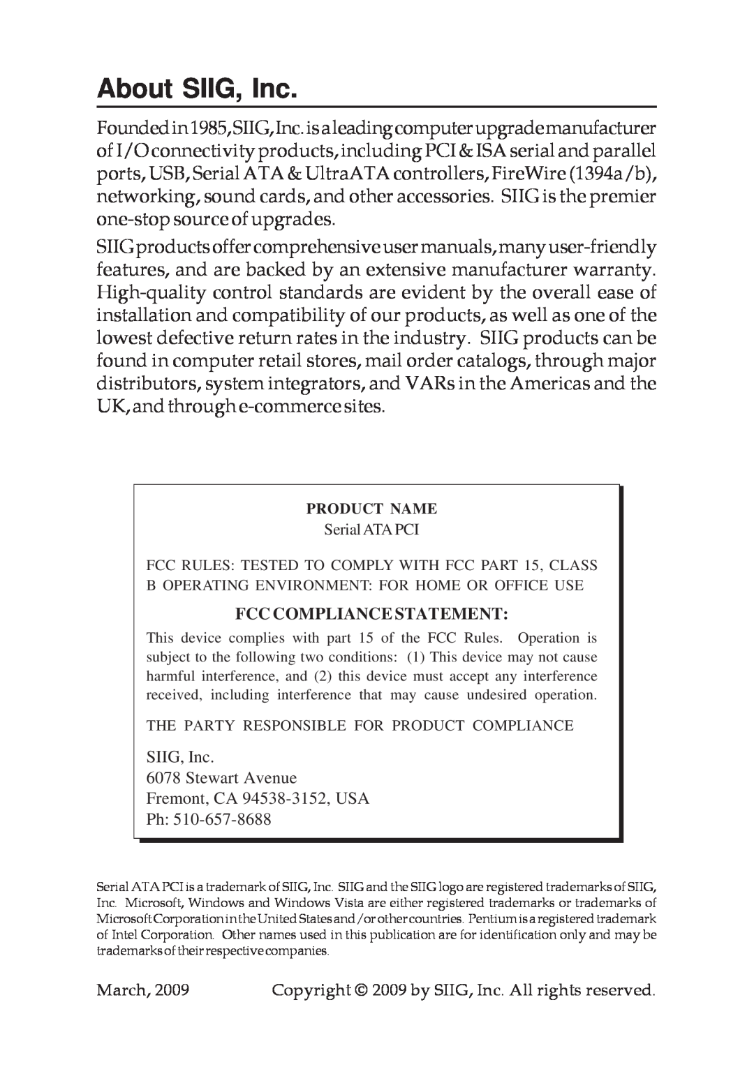 SIIG 04-0265F specifications About SIIG, Inc, Fcc Compliance Statement 