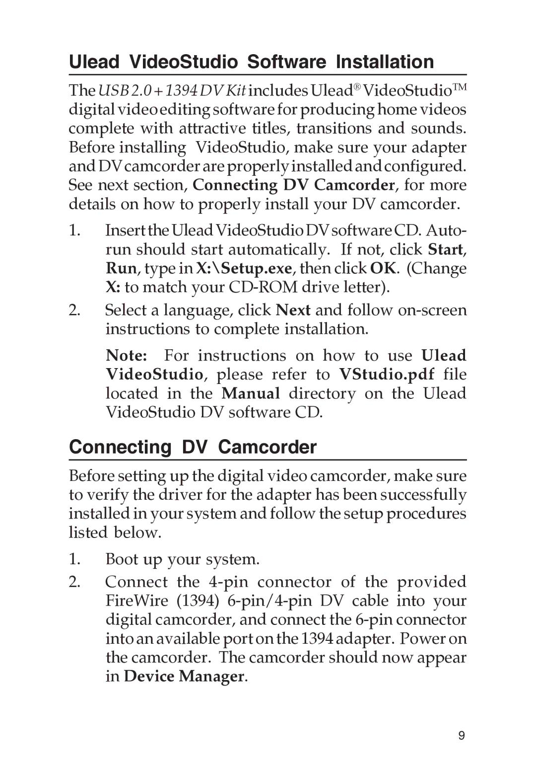 SIIG 04-0288E manual Ulead VideoStudio Software Installation, Connecting DV Camcorder 