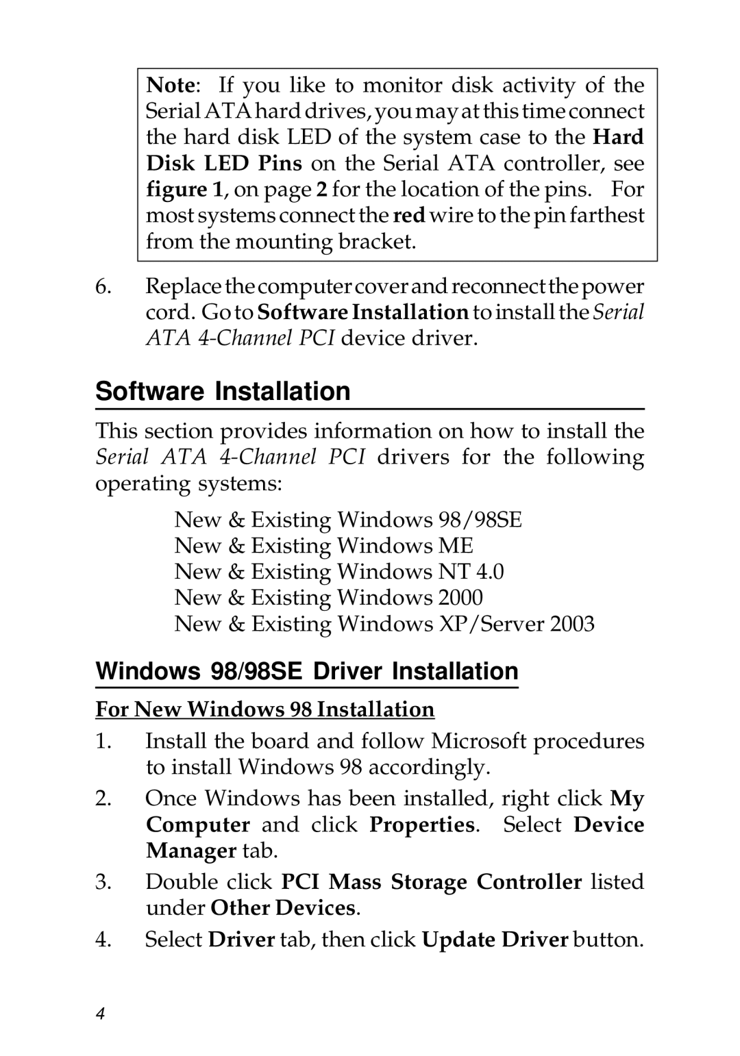 SIIG 04-0322B manual Software Installation, Windows 98/98SE Driver Installation, For New Windows 98 Installation 