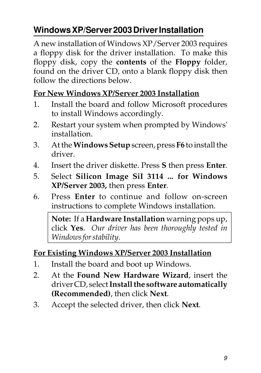 SIIG 04-0322B manual Windows XP/Server 2003 Driver Installation, For New Windows XP/Server 2003 Installation 