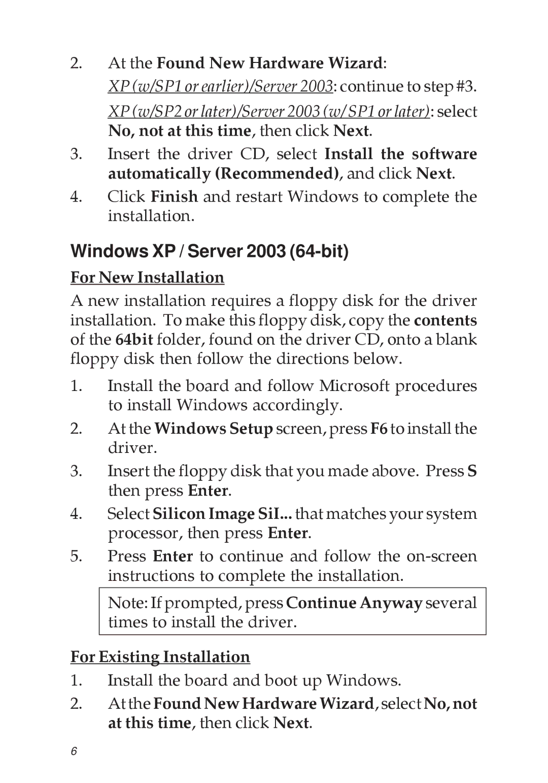 SIIG 04-0322C manual Windows XP / Server 2003 64-bit, At the Found New Hardware Wizard 