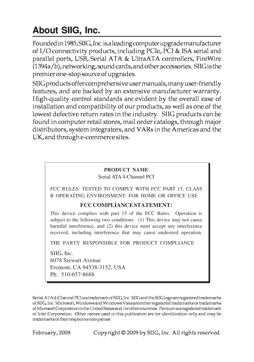 SIIG 04-0322C manual About SIIG, Inc, Fcc Compliance Statement 