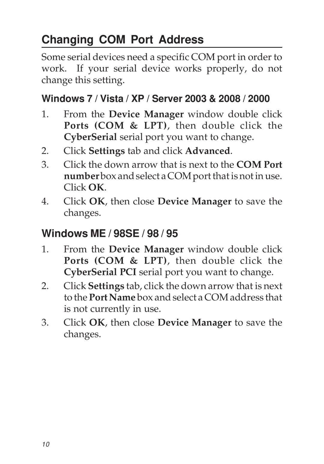 SIIG 04-0341D manual Changing COM Port Address, Windows ME / 98SE / 98 