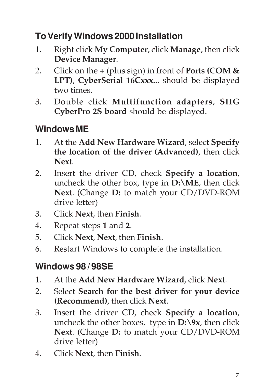 SIIG 04-0341D manual To Verify Windows 2000 Installation, Windows ME, Windows 98 / 98SE 