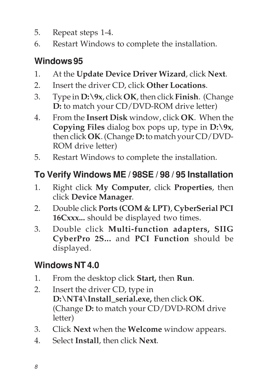 SIIG 04-0341D manual To Verify Windows ME / 98SE / 98 / 95 Installation, Windows NT 