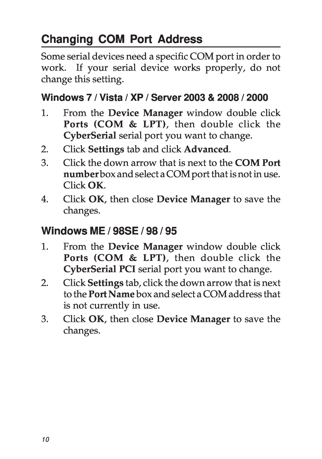 SIIG 04-0341D manual Changing COM Port Address, Windows ME / 98SE / 98, Windows 7 / Vista / XP / Server 2003 & 2008 