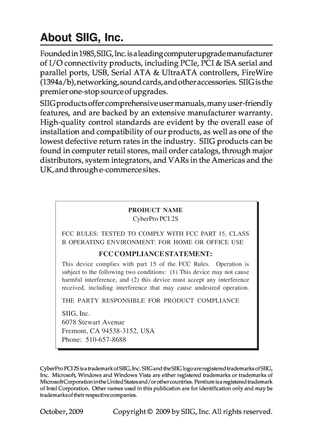 SIIG 04-0341D manual About SIIG, Inc, Fcc Compliance Statement 