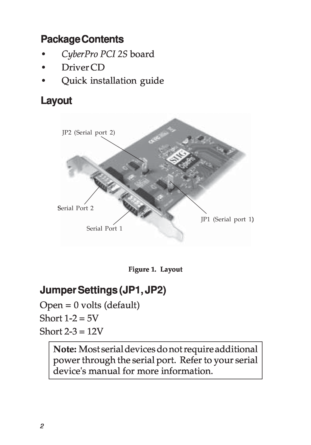 SIIG 04-0341D manual PackageContents, Layout, Jumper Settings JP1, JP2, CyberPro PCI 2S board 