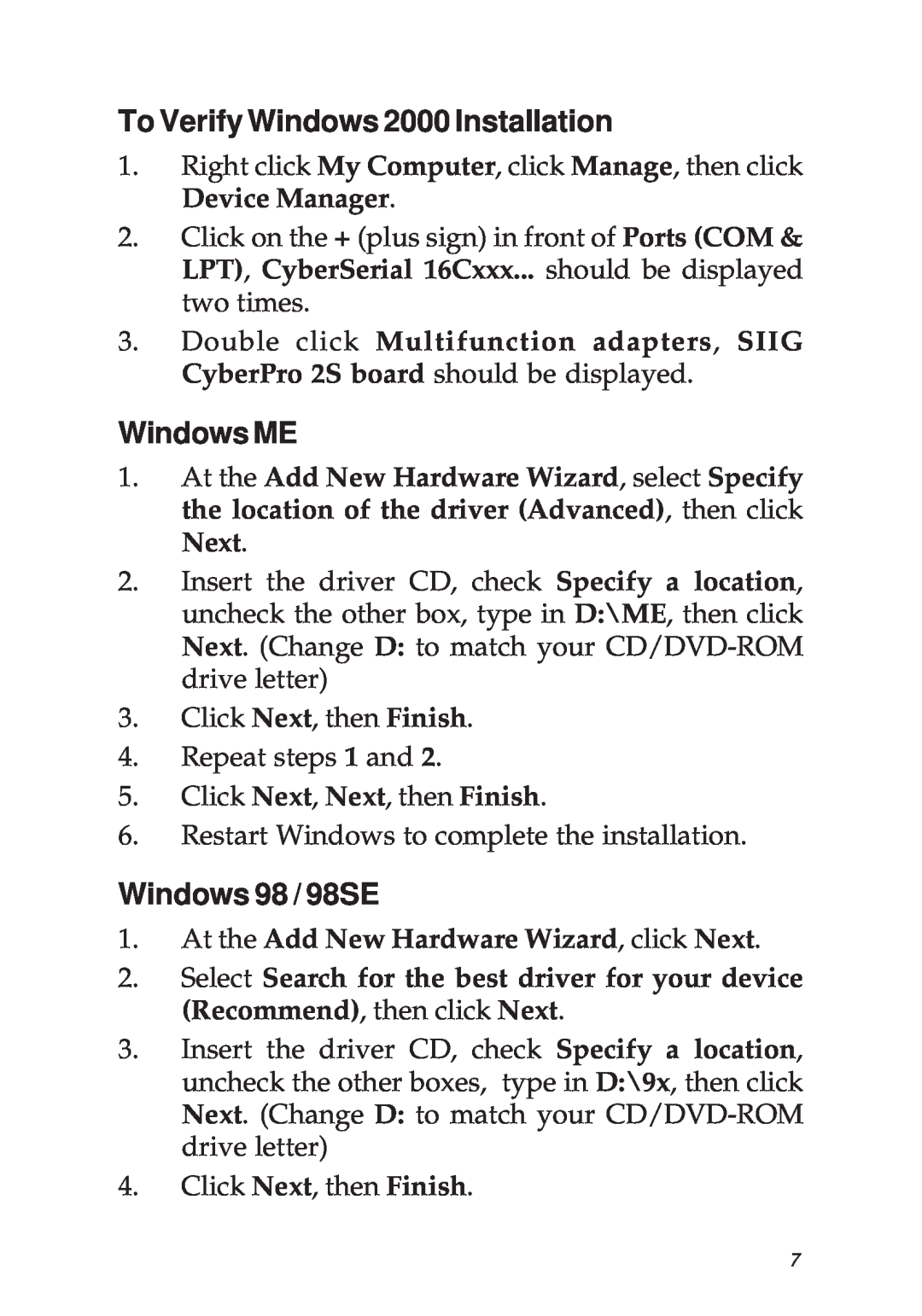 SIIG 04-0341D manual To Verify Windows 2000 Installation, Windows ME, Windows 98 / 98SE 