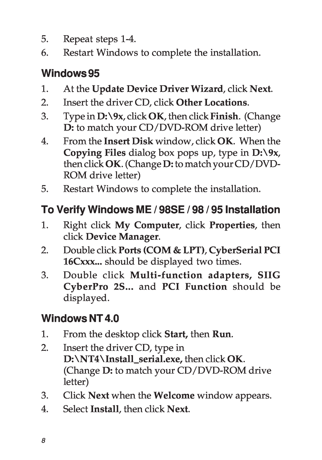 SIIG 04-0341D manual To Verify Windows ME / 98SE / 98 / 95 Installation, Windows NT 