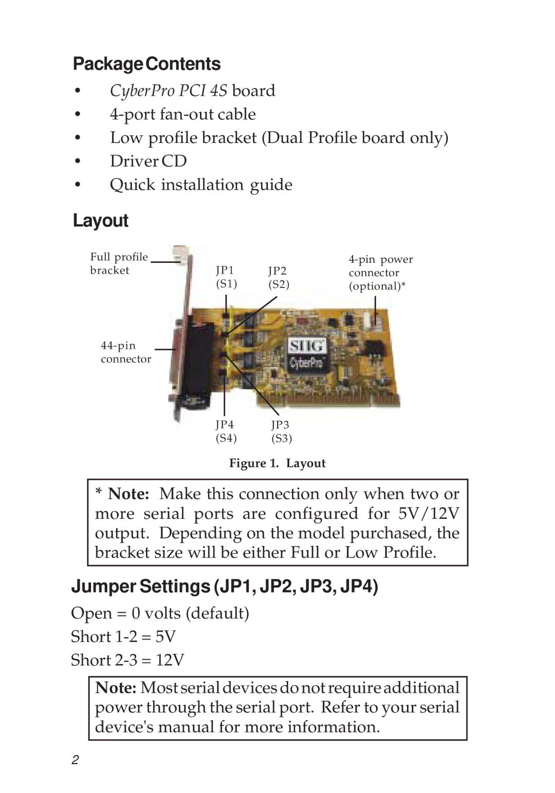 SIIG 04-0343C manual PackageContents, Layout, Jumper Settings JP1, JP2, JP3, JP4 